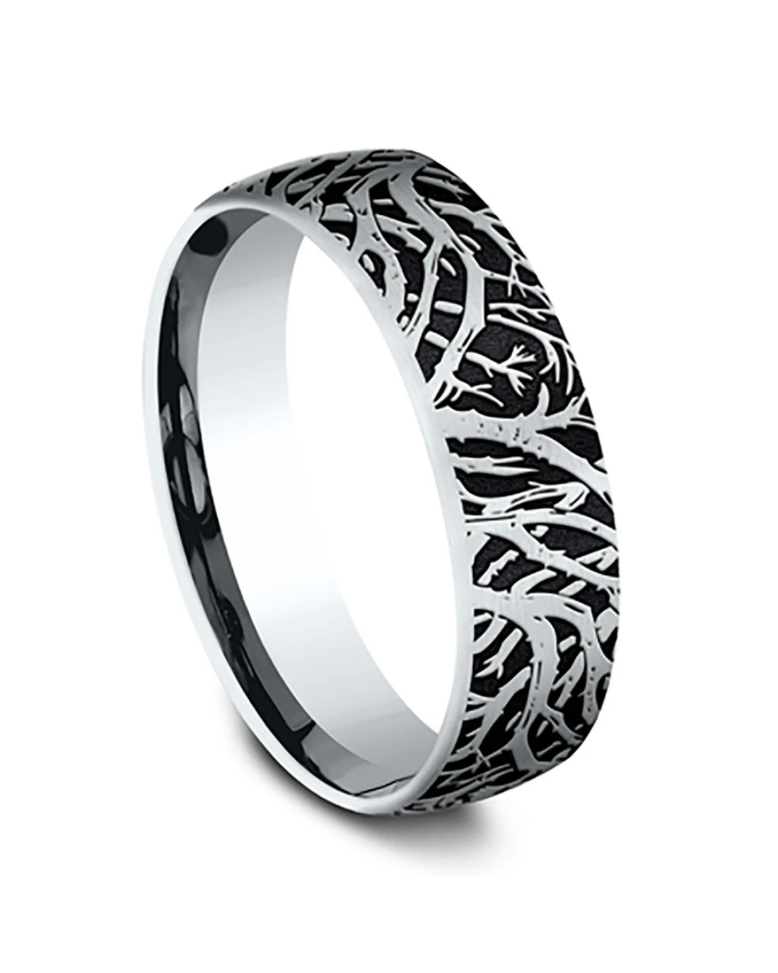 Gentlemen's Forest Branch Thin Edge Comfort Fit Band in Grey Tantalum and White Gold - Image 3