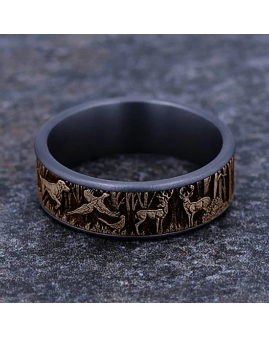 Gentlemen's Forest Scene Comfort Fit Band in Tantalum and Yellow Gold - Image 3