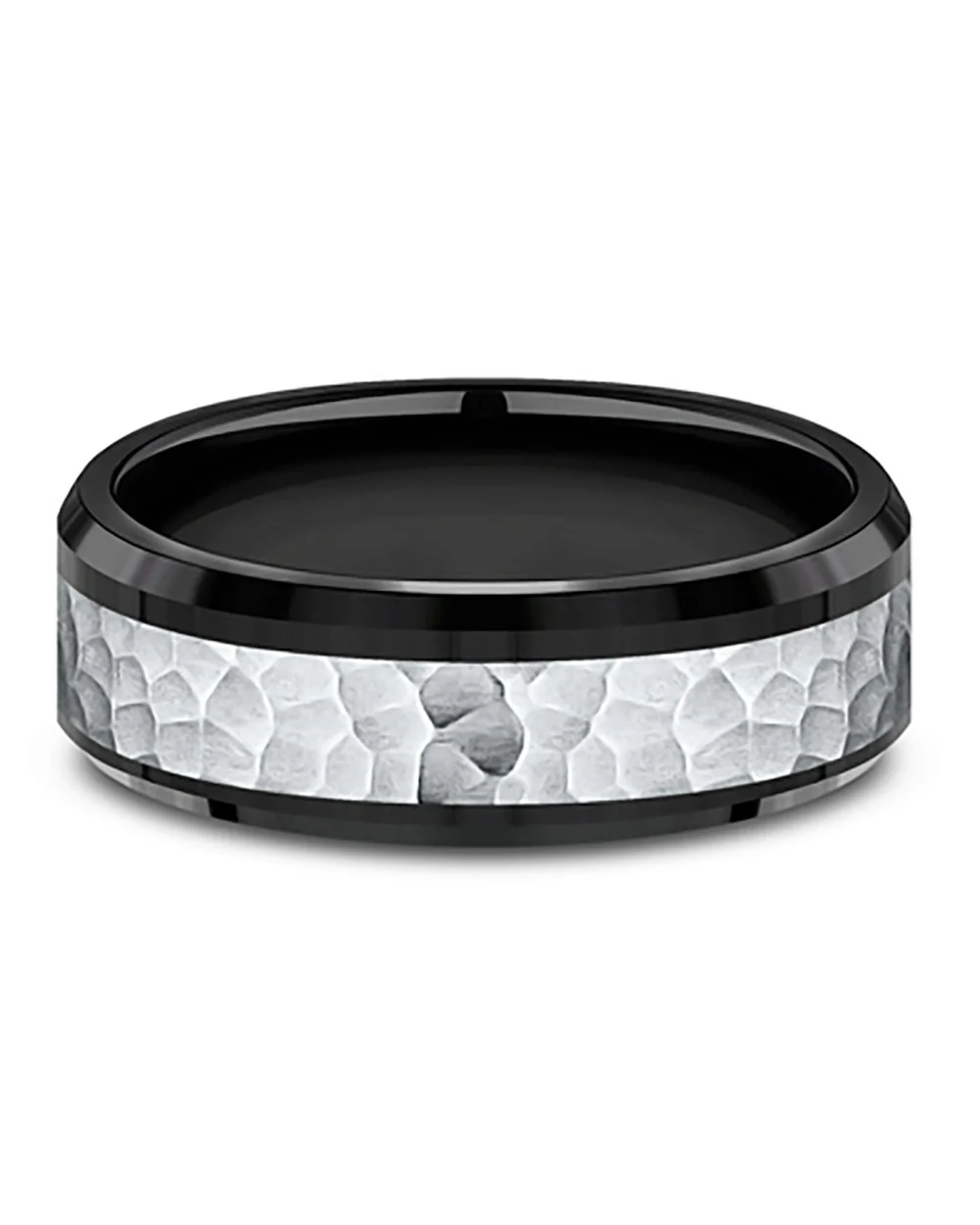 Gentlemen's Hammered Center Comfort Fit Band in Black Titanium and White Gold - Image 2