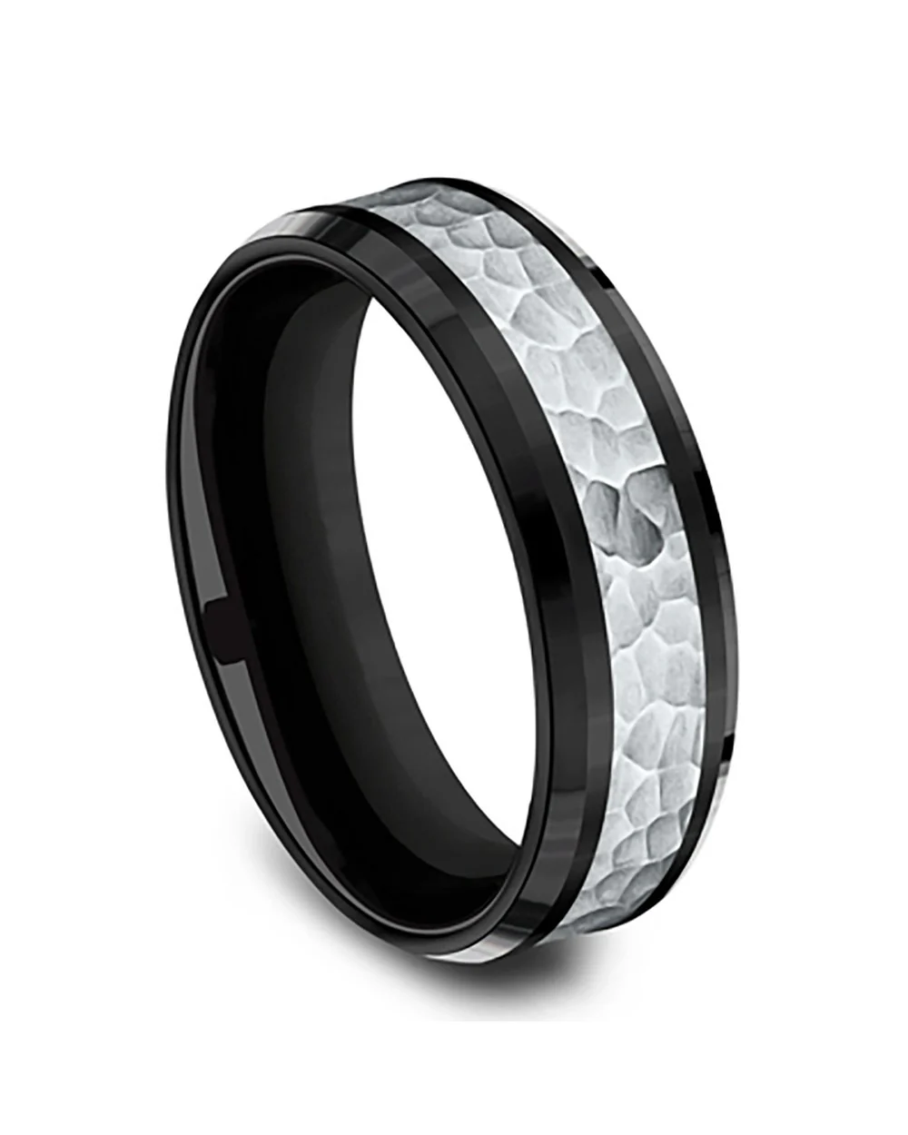 Gentlemen's Hammered Center Comfort Fit Band in Black Titanium and White Gold - Image 3