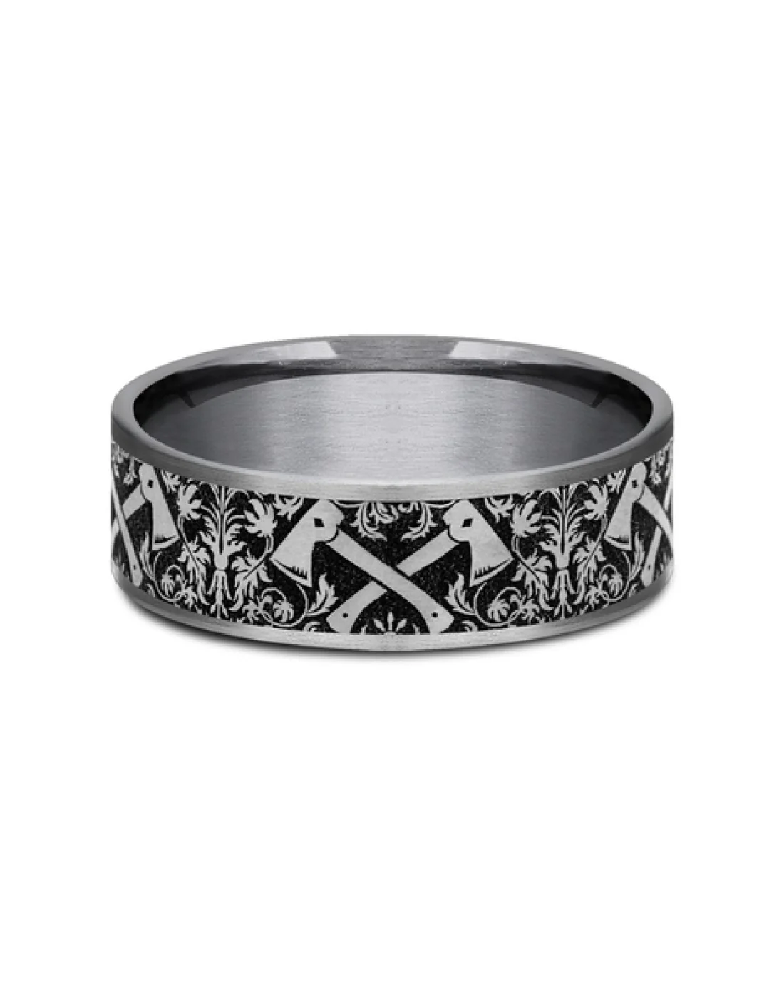 Gentlemen's Hatchet Pattern Comfort Fit Band in Tantalum and Titanium - Image 2