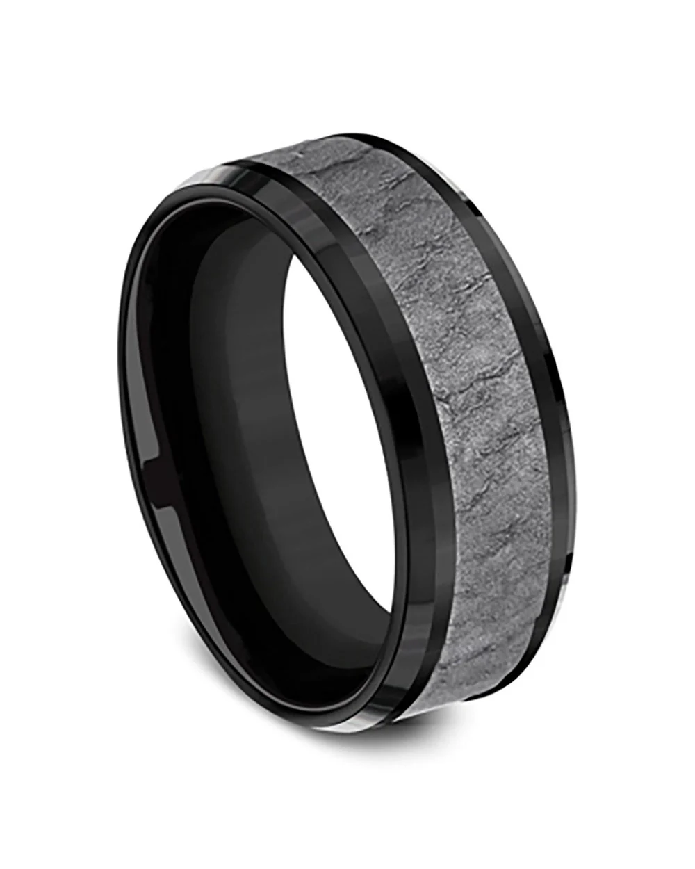 Gentlemen's Lava Rock Textured Comfort Fit Band in Black Titanium and Grey Tantalum - Image 2