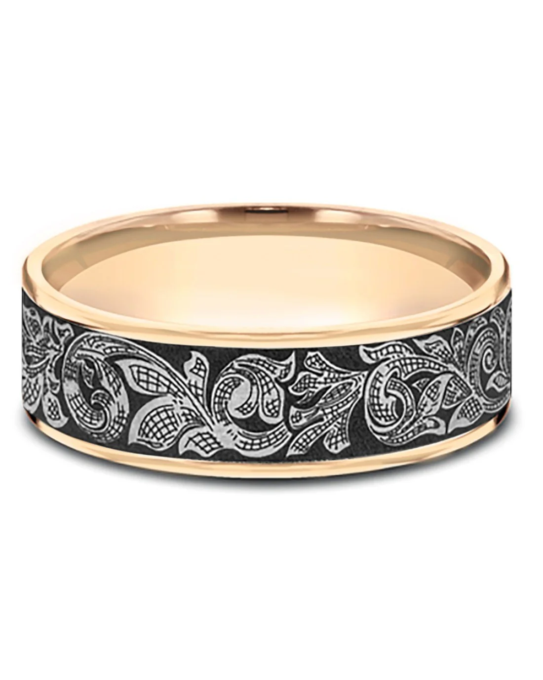 Gentlemen's London Script Thin Edge Comfort Fit Band in Rose Gold and Grey Tantalum - Image 2