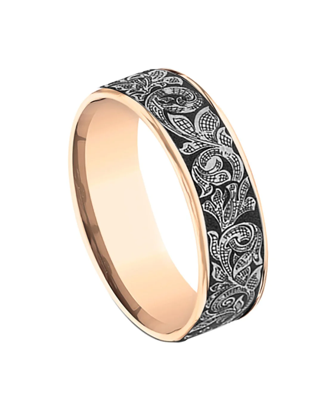 Gentlemen's London Script Thin Edge Comfort Fit Band in Rose Gold and Grey Tantalum - Image 3