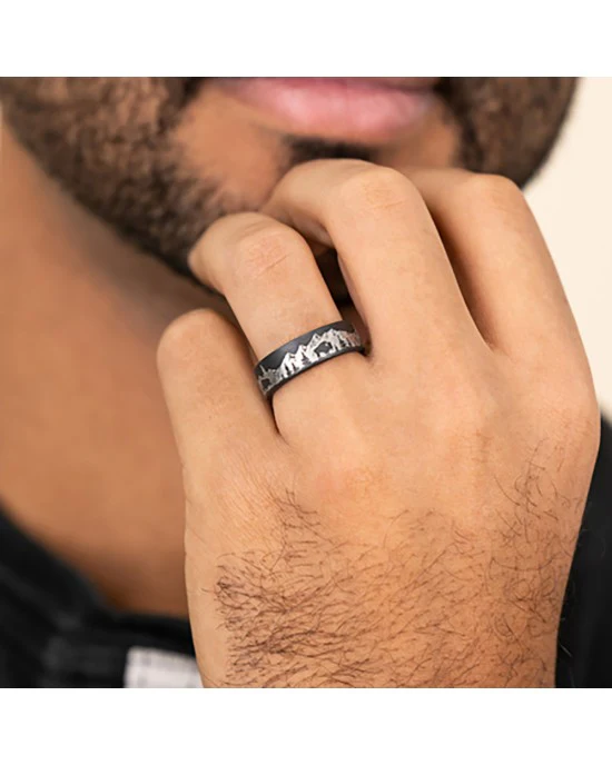 Gentlemen's Mountain Scenic Design Comfort Fit Band in Darkened Tantalum - Image 3