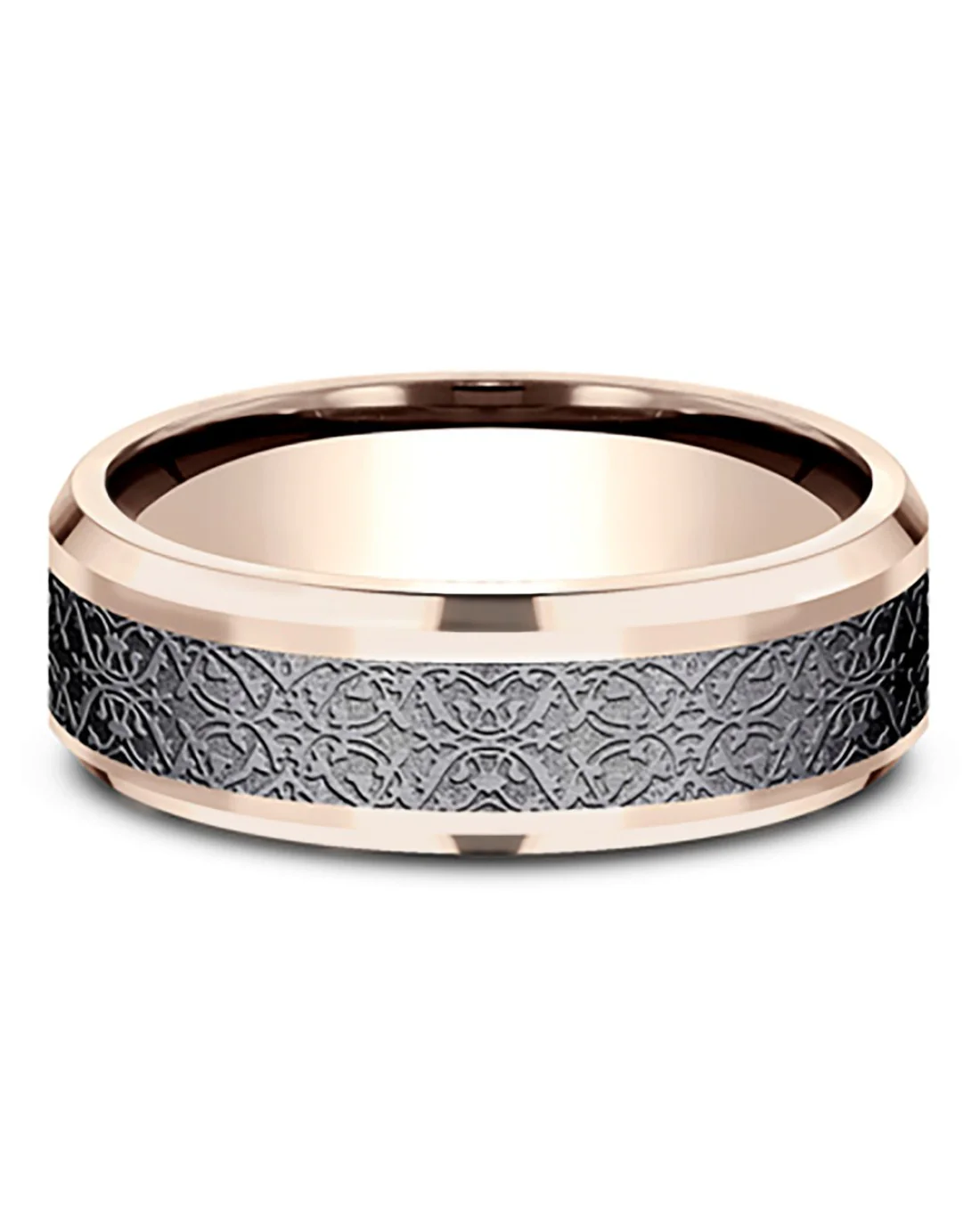 Gentlemen's Ottoman Pattern Comfort Fit Band in Yellow Gold and Black Titanium - Image 2
