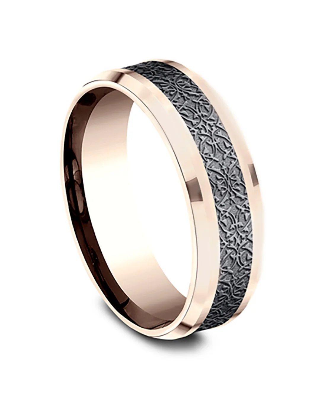 Gentlemen's Ottoman Pattern Comfort Fit Band in Yellow Gold and Black Titanium - Image 3