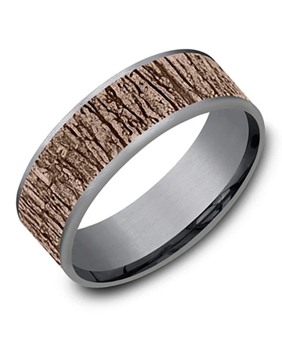 Gentlemen's Tree Bark Pattern Comfort Fit Band in Tantalum and Rose Gold - Image 2