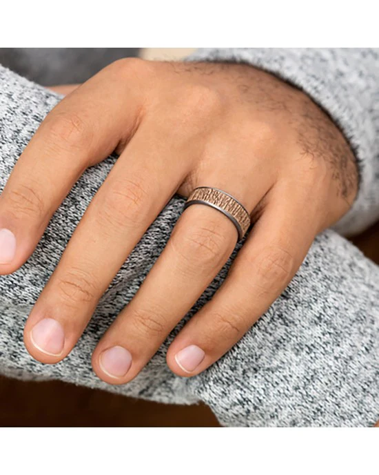 Gentlemen's Tree Bark Pattern Comfort Fit Band in Tantalum and Rose Gold - Image 3