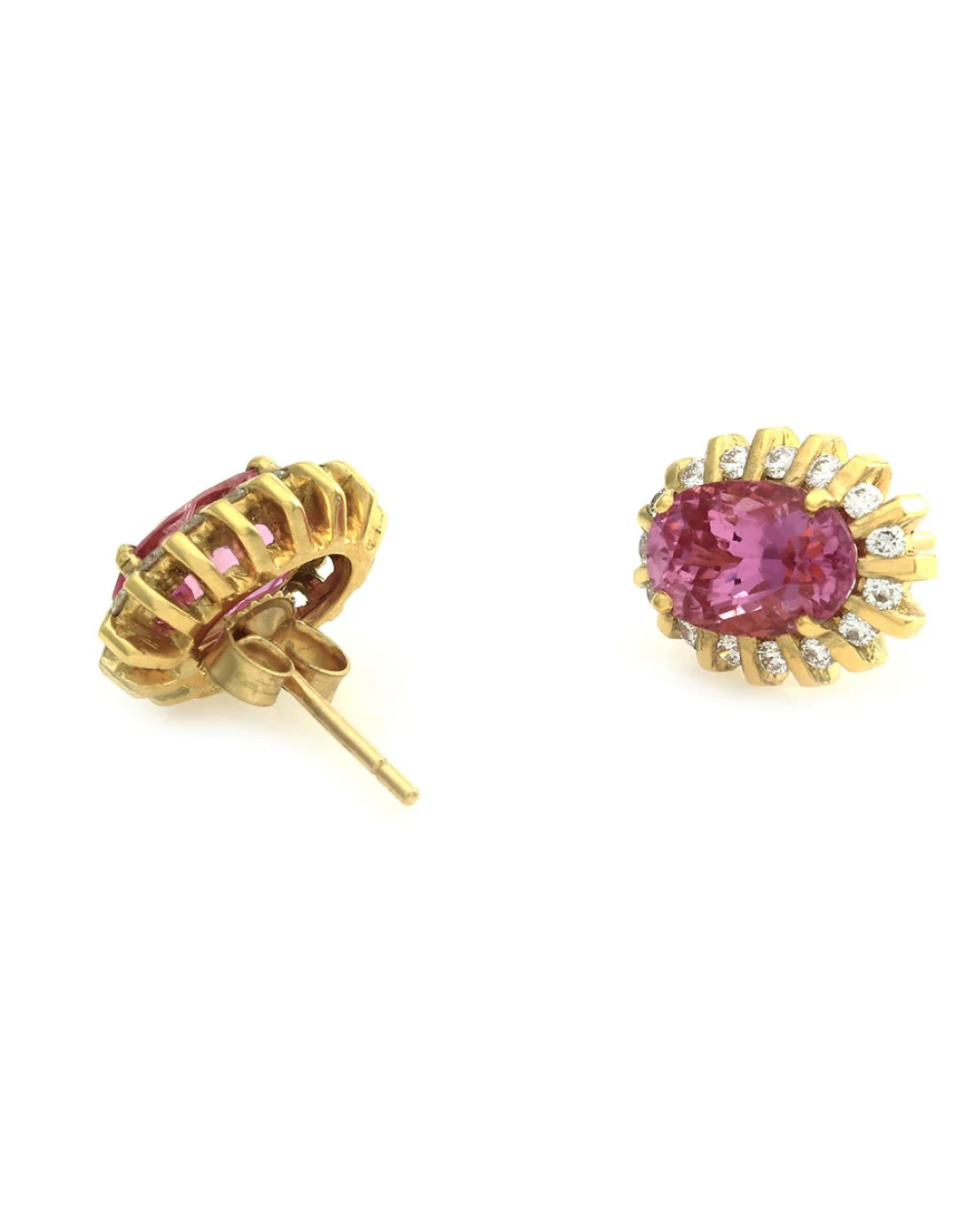 Genuine Oval Pink Sapphire Earrings with Bar Set Diamond Halo in 18K Yellow Gold - Image 2