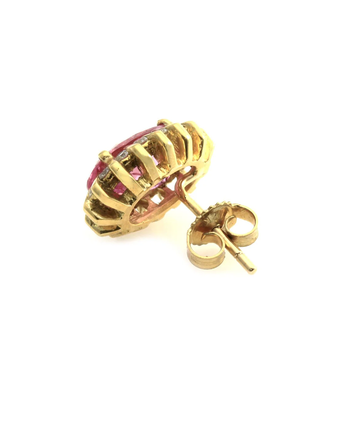 Genuine Oval Pink Sapphire Earrings with Bar Set Diamond Halo in 18K Yellow Gold - Image 3
