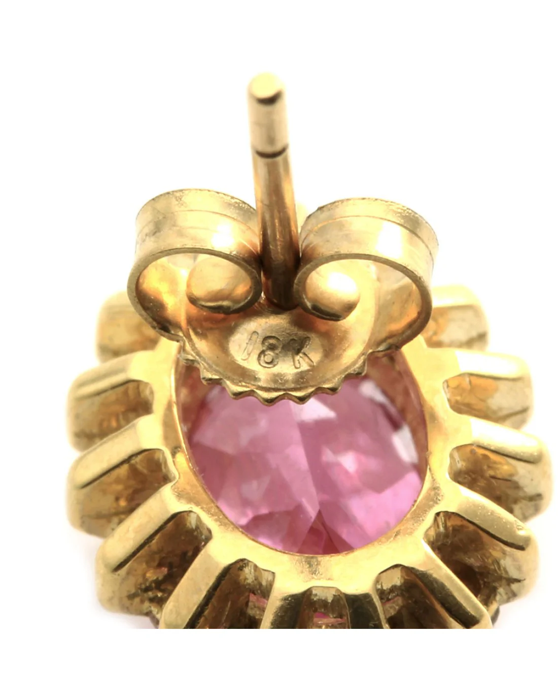 Genuine Oval Pink Sapphire Earrings with Bar Set Diamond Halo in 18K Yellow Gold - Image 4