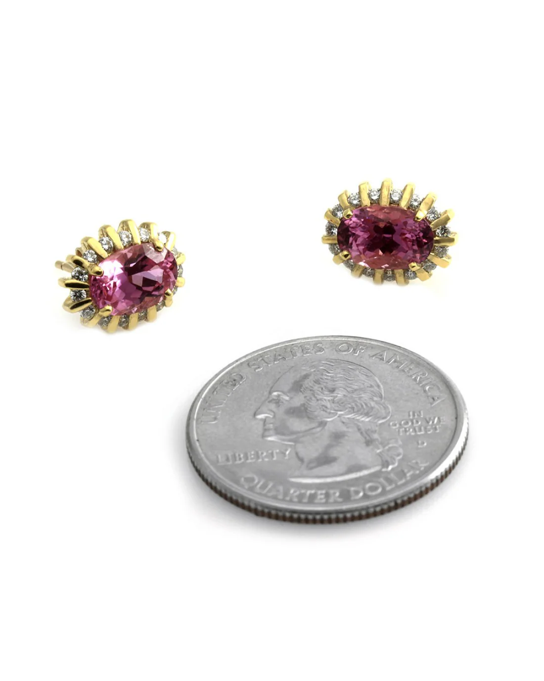 Genuine Oval Pink Sapphire Earrings with Bar Set Diamond Halo in 18K Yellow Gold - Image 5