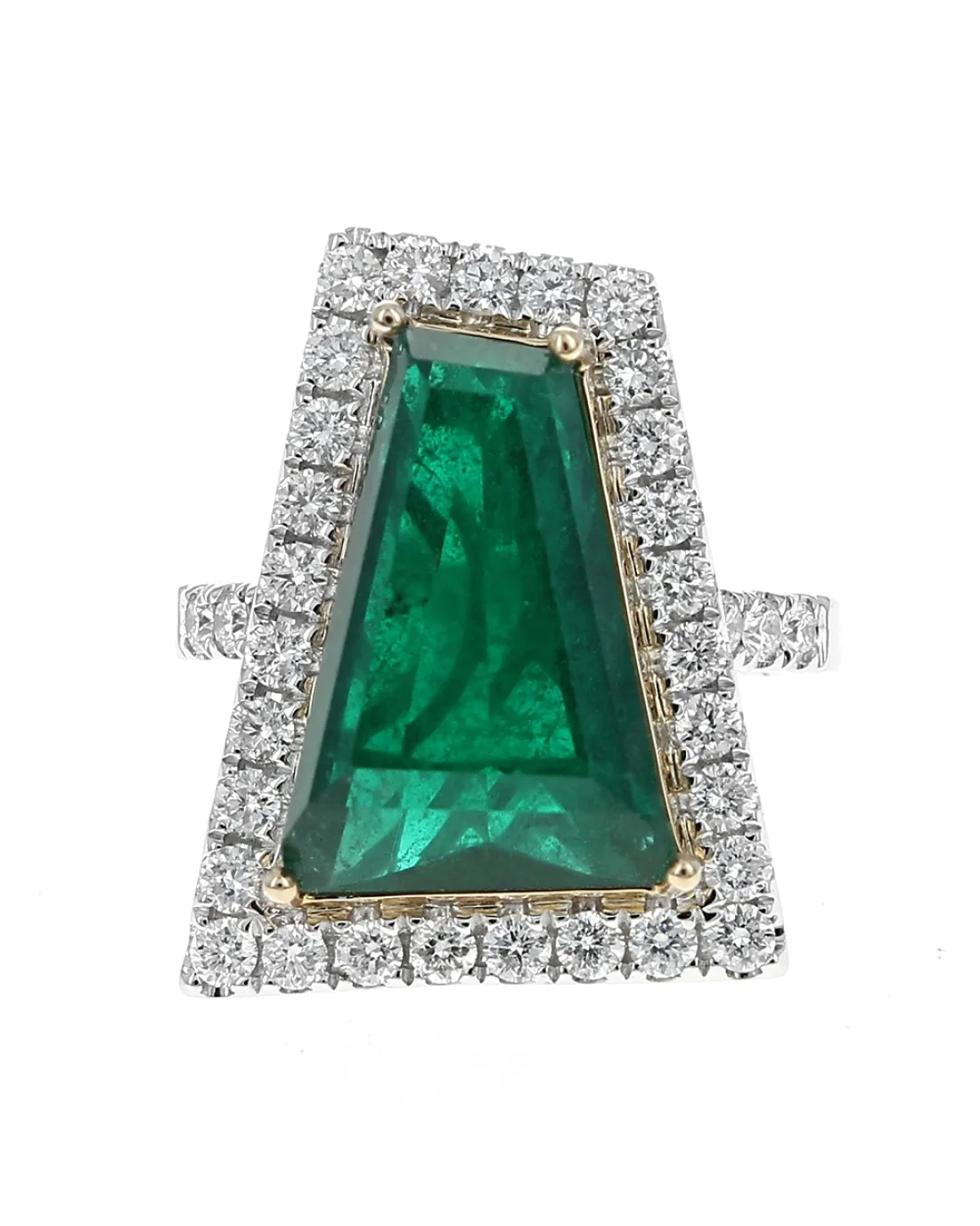 GIA Certified Emerald and Diamond Halo Ring in White and Yellow Gold