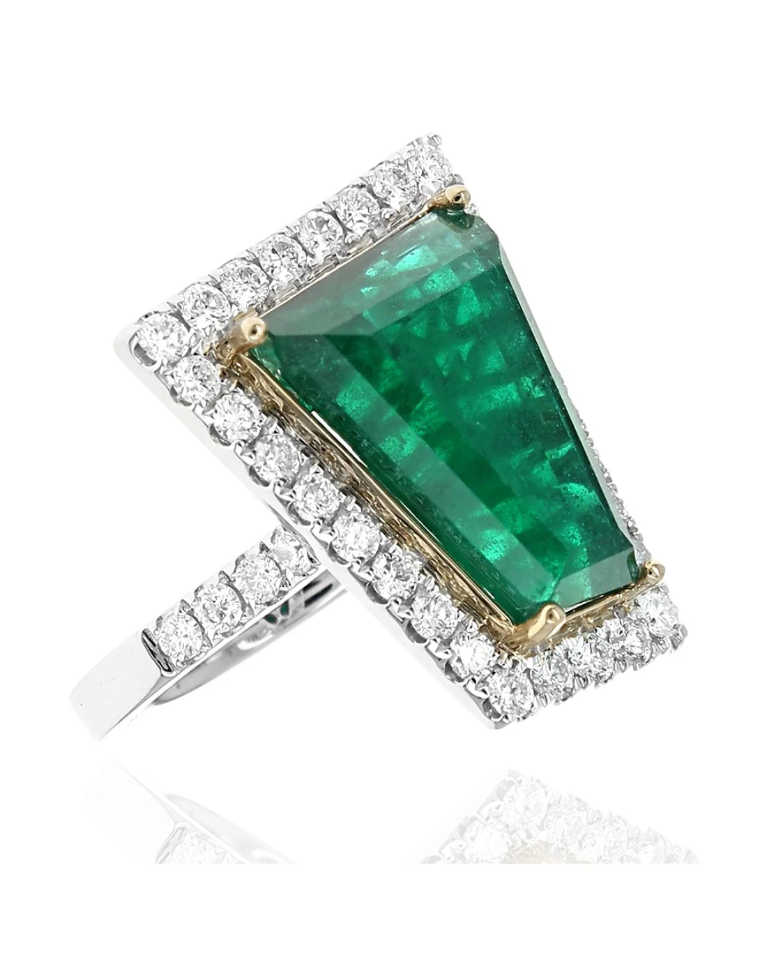 GIA Certified Emerald and Diamond Halo Ring in White and Yellow Gold - Image 2