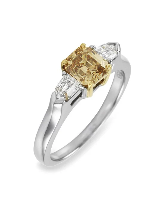 GIA Certified F.Yellow/Brown Emerald Cut Diamond 3 Stone Ring in PLAT/18KY