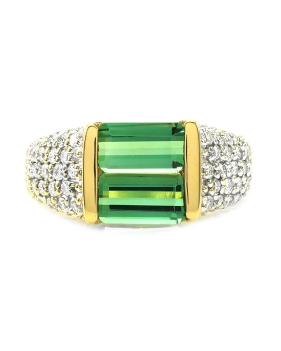 Green Tourmaline and Pave Diamond Ring in Yellow Gold - Image 2