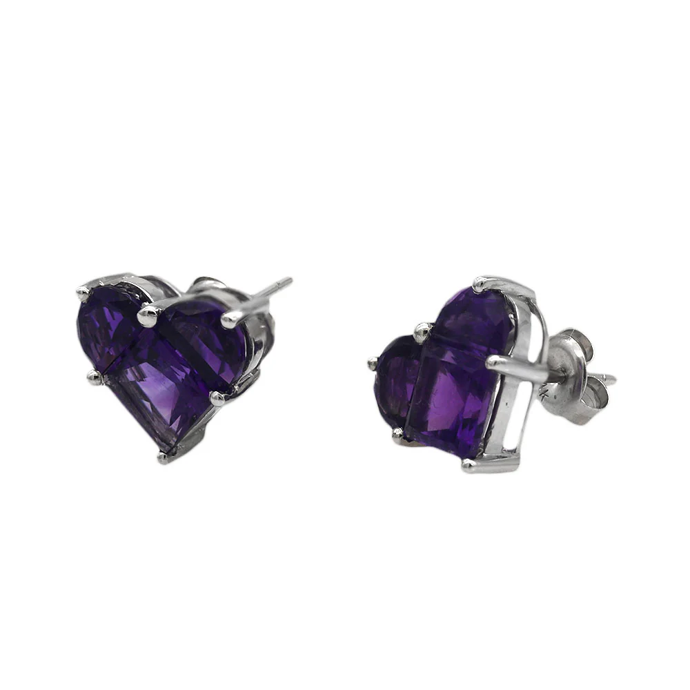 Half Moon and Square Amethyst Heart Stud Earrings - Image 2
