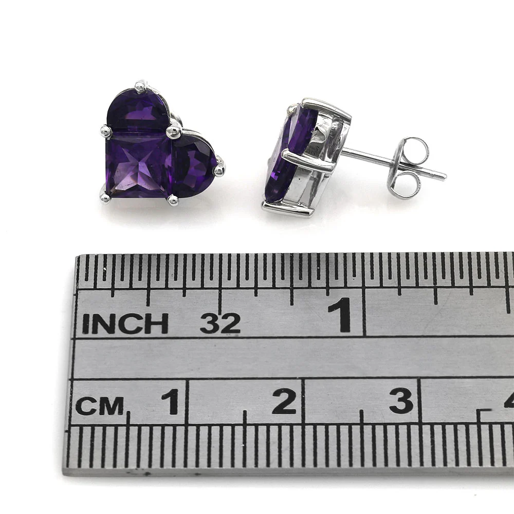Half Moon and Square Amethyst Heart Stud Earrings - Image 3