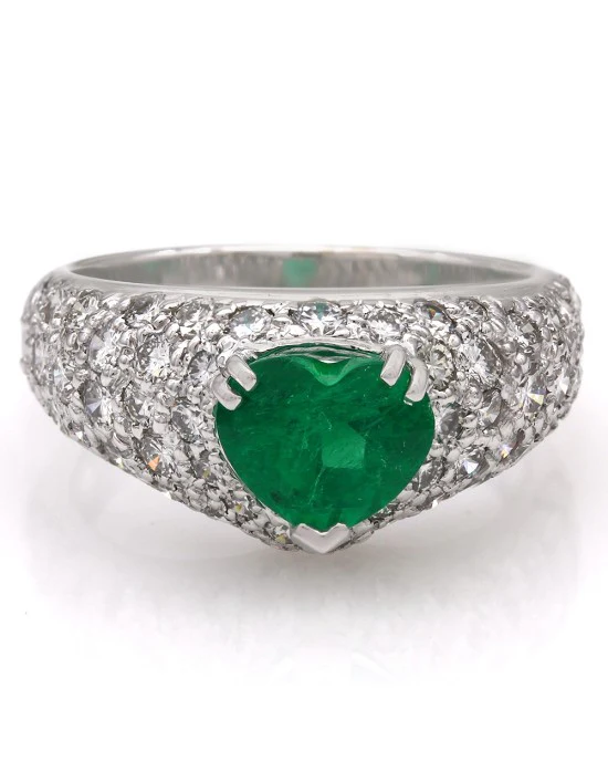 Heart Shape Emerald Ring with Pave Round Diamonds in 18k White Gold - Image 2