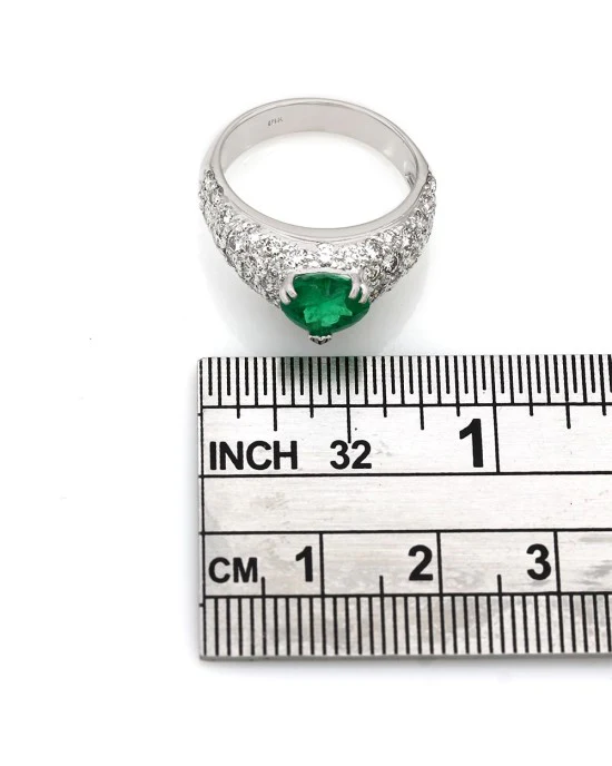 Heart Shape Emerald Ring with Pave Round Diamonds in 18k White Gold - Image 3