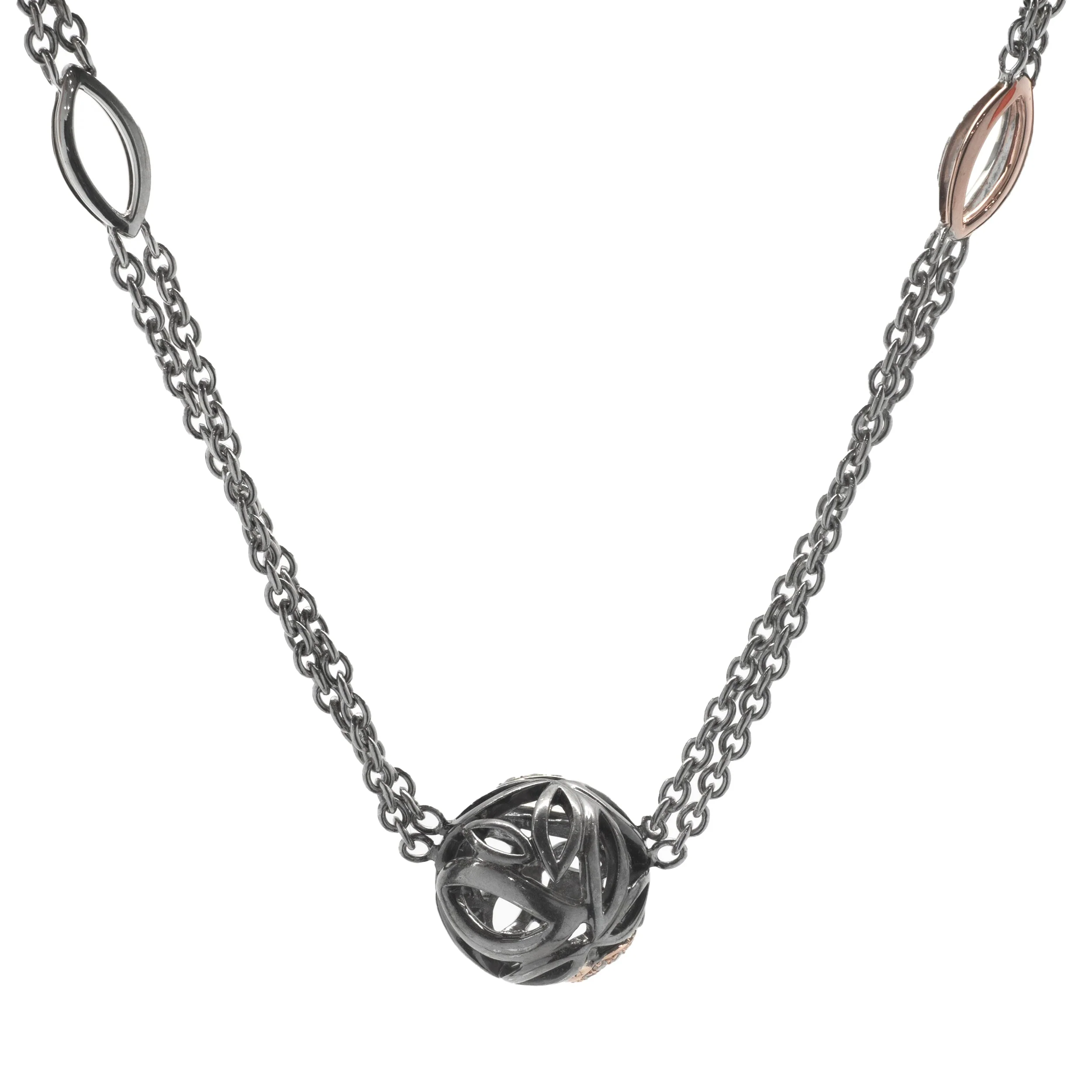 Hera Sterling Silver and 18 Karat Rose Gold Station Necklace with Diamond Leaf Ball - Image 2