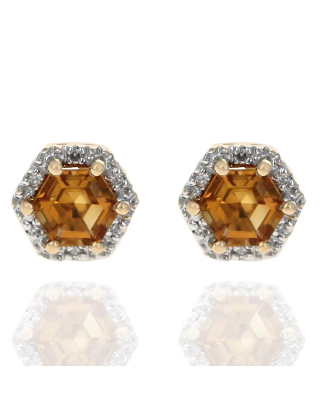 Hexagon Shaped Citrine and Diamond Halo Studs