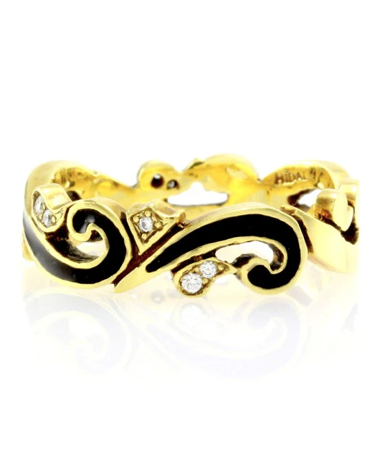 Hidalgo Black Enamel & 0.09ctw Diamond Scroll Band in 18K Yellow Gold SZ 6.5 - Image 3