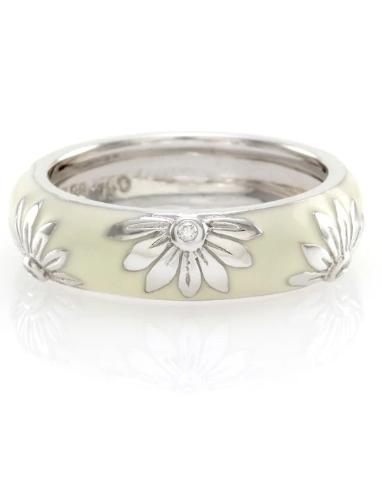 Hidalgo White Enamel Flower Band w/ 0.06ctw Diamonds in 18K White Gold SZ 6.25 - Image 2