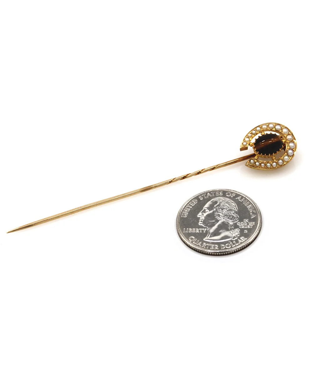 Horseshoe Tiger's Eye and Seed Pearl Stick Pin in Gold - Image 3