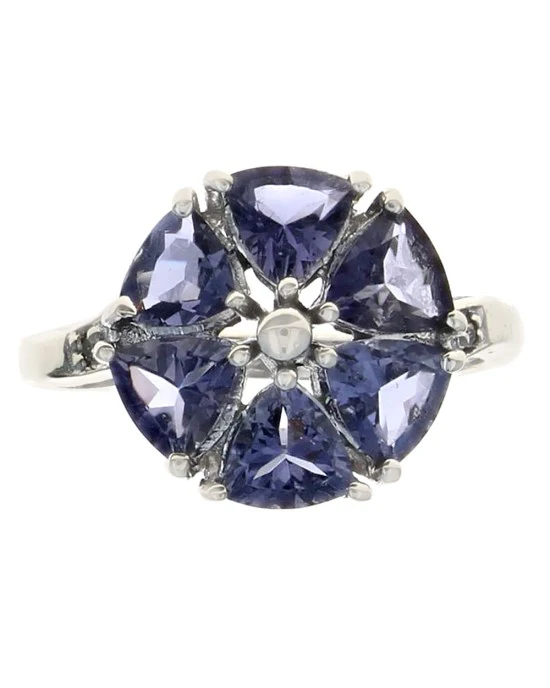 Iolite and Diamond Accent Flower Ring in White Gold - Image 2