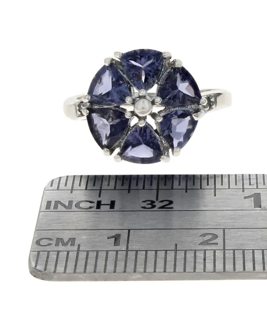 Iolite and Diamond Accent Flower Ring in White Gold - Image 3