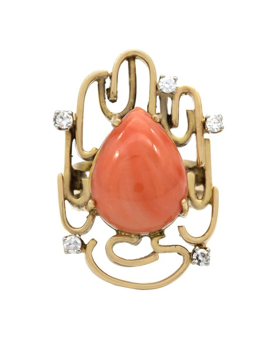 Jack Gutscheider Pear Coral Ring in Yellow Gold - Image 2