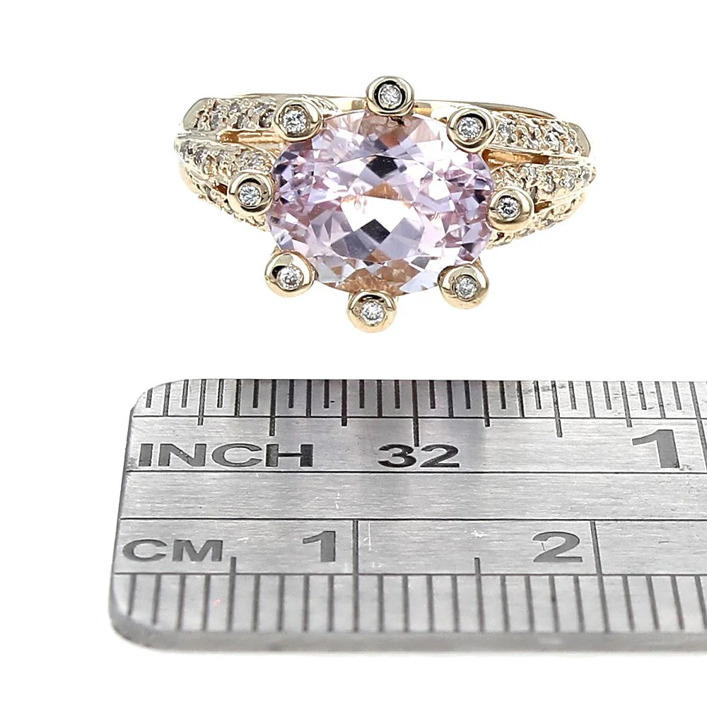 14K Yellow Gold Kunzite and Diamond High Prong Ring - Image 3
