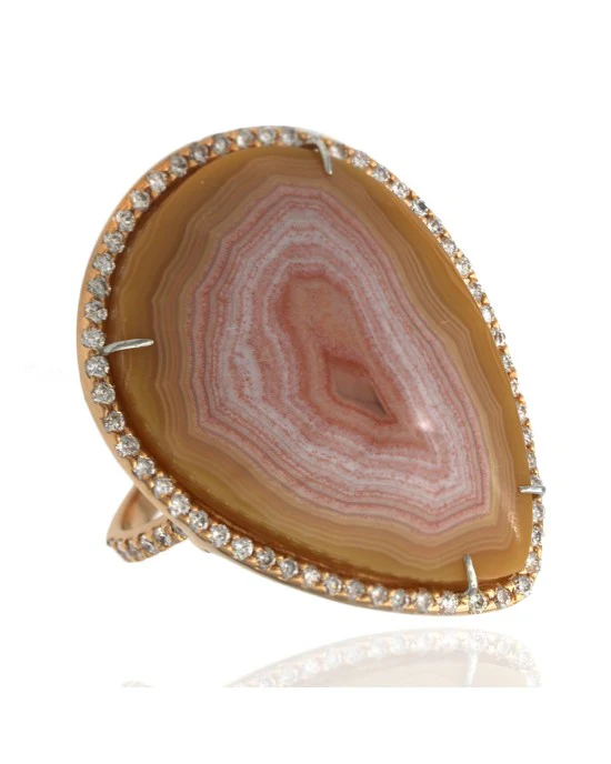 Landscape Agate and Diamond Halo Pear Shaped Ring