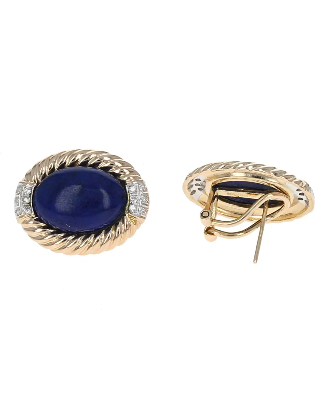 Lapis and Diamond Fluted Halo Earrings in White and Yellow Gold - Image 2