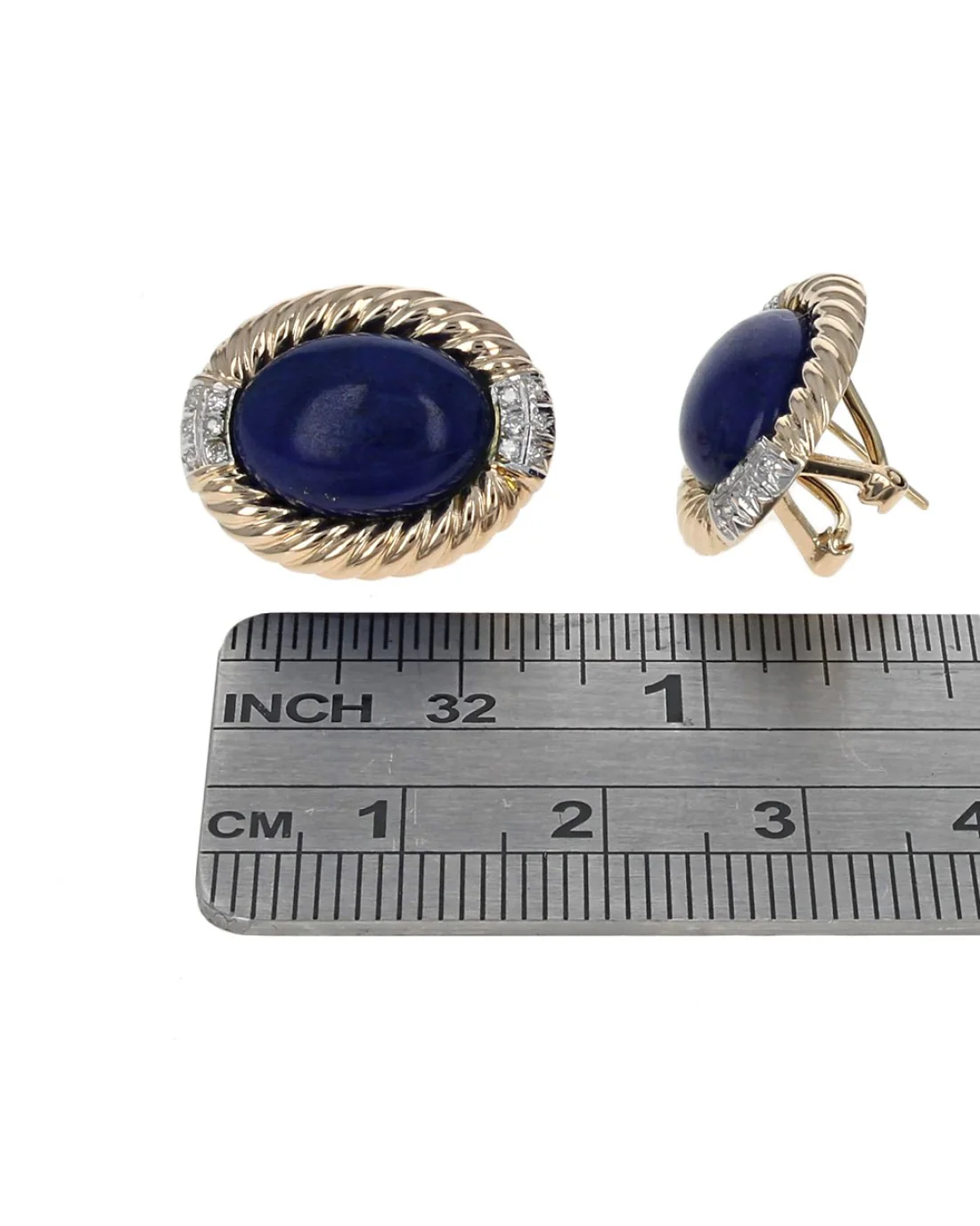 Lapis and Diamond Fluted Halo Earrings in White and Yellow Gold - Image 3