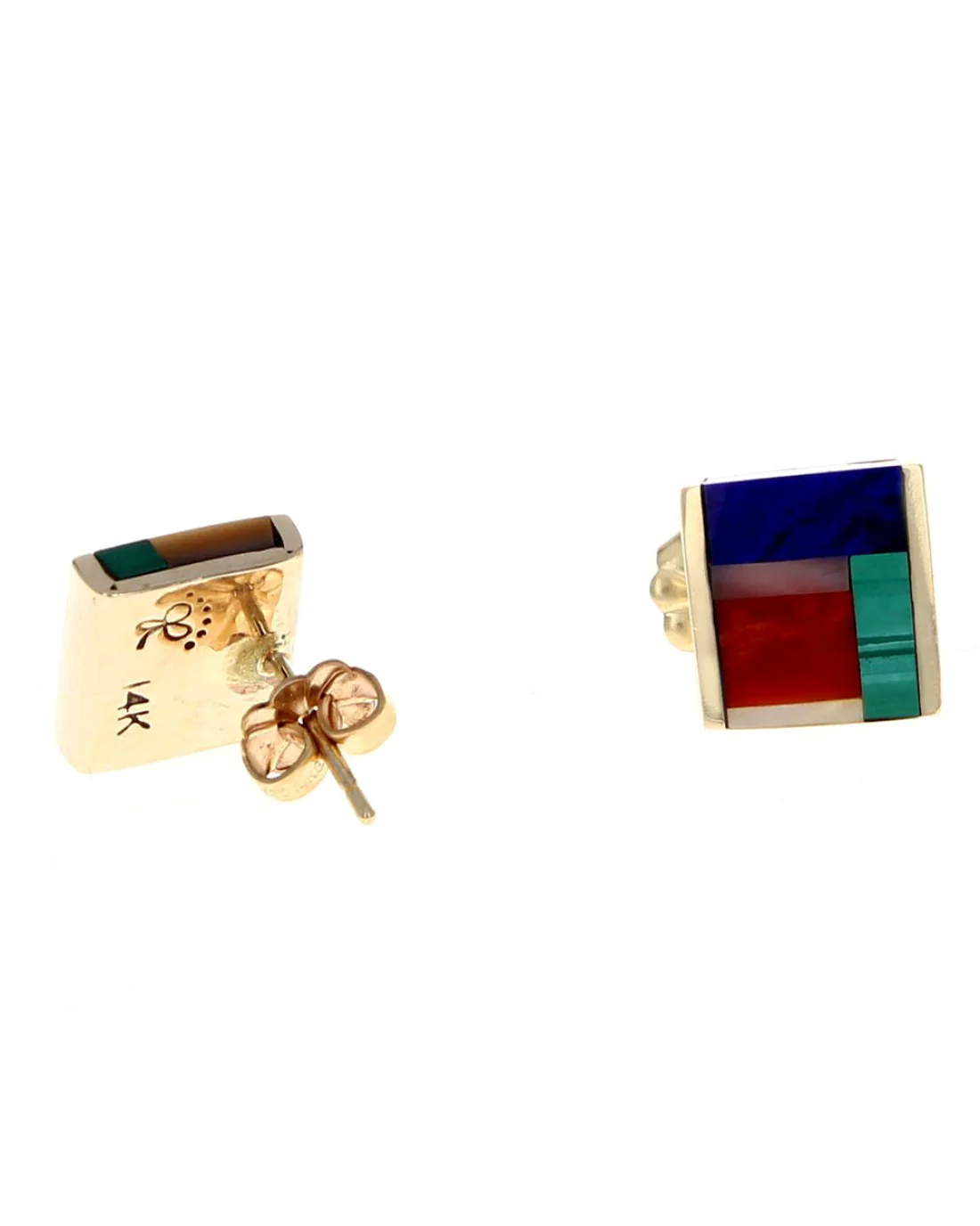 Lapis, Malachite and Red Coral Square Earrings - Image 2