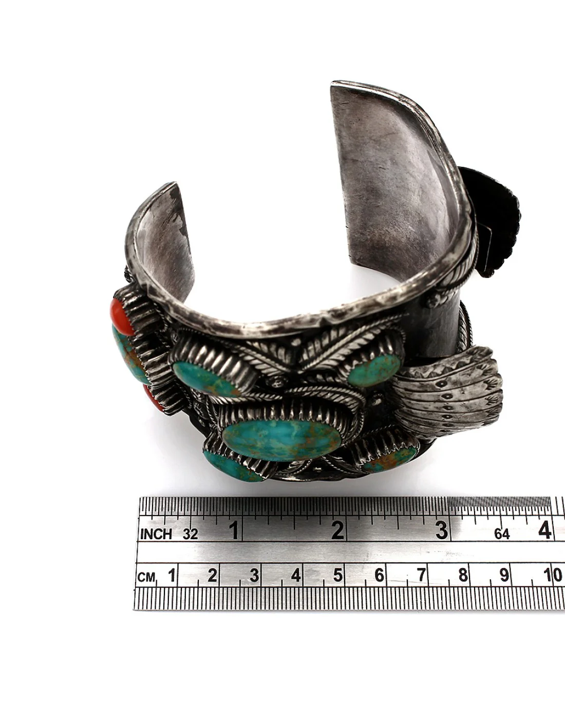 Large Vintage Navajo Sterling Silver Turquoise Watch Cuff Bracelet - Image 4