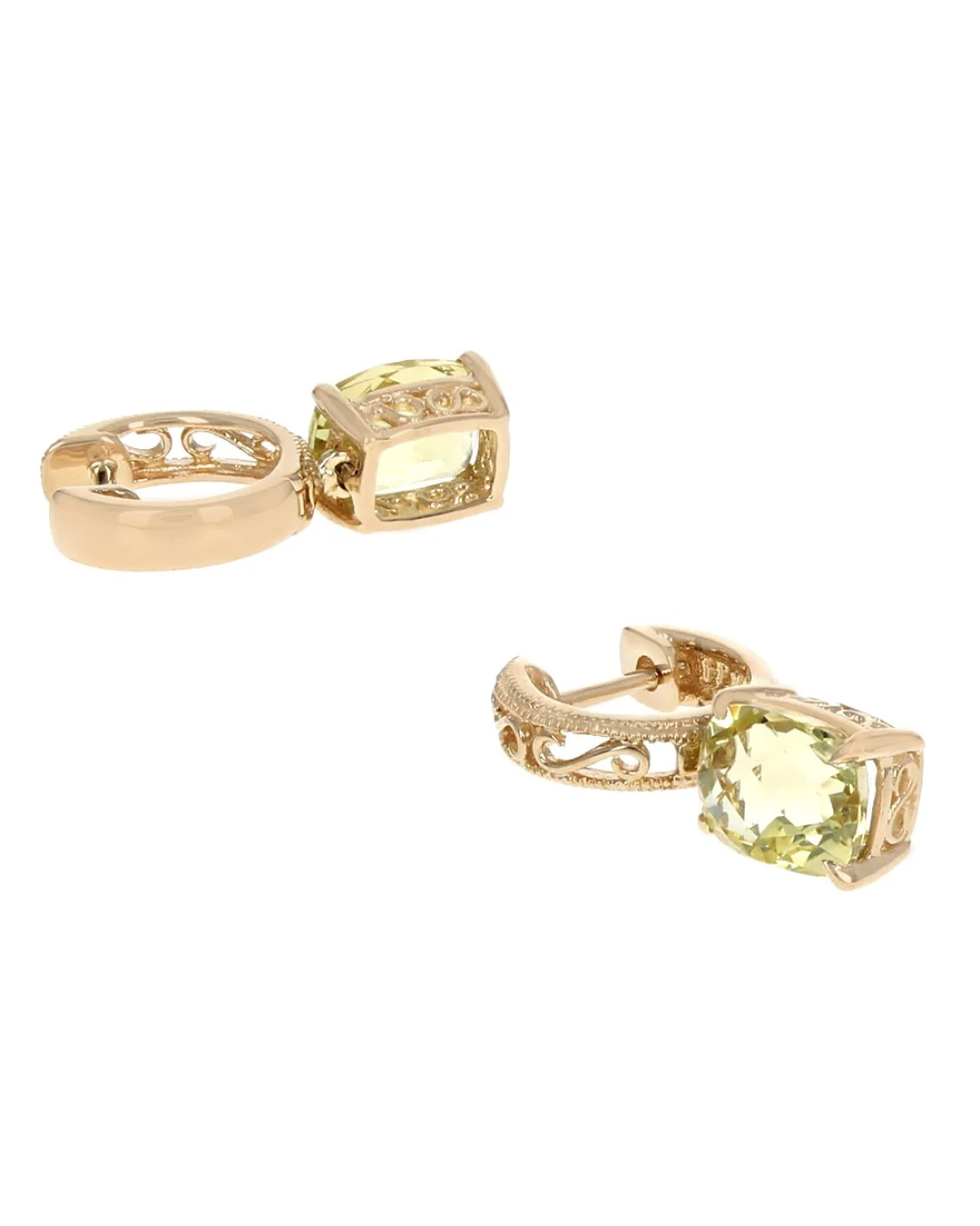 Lemon Quartz Scroll and Milgrain Accent Dangle Earrings in Yellow Gold - Image 2