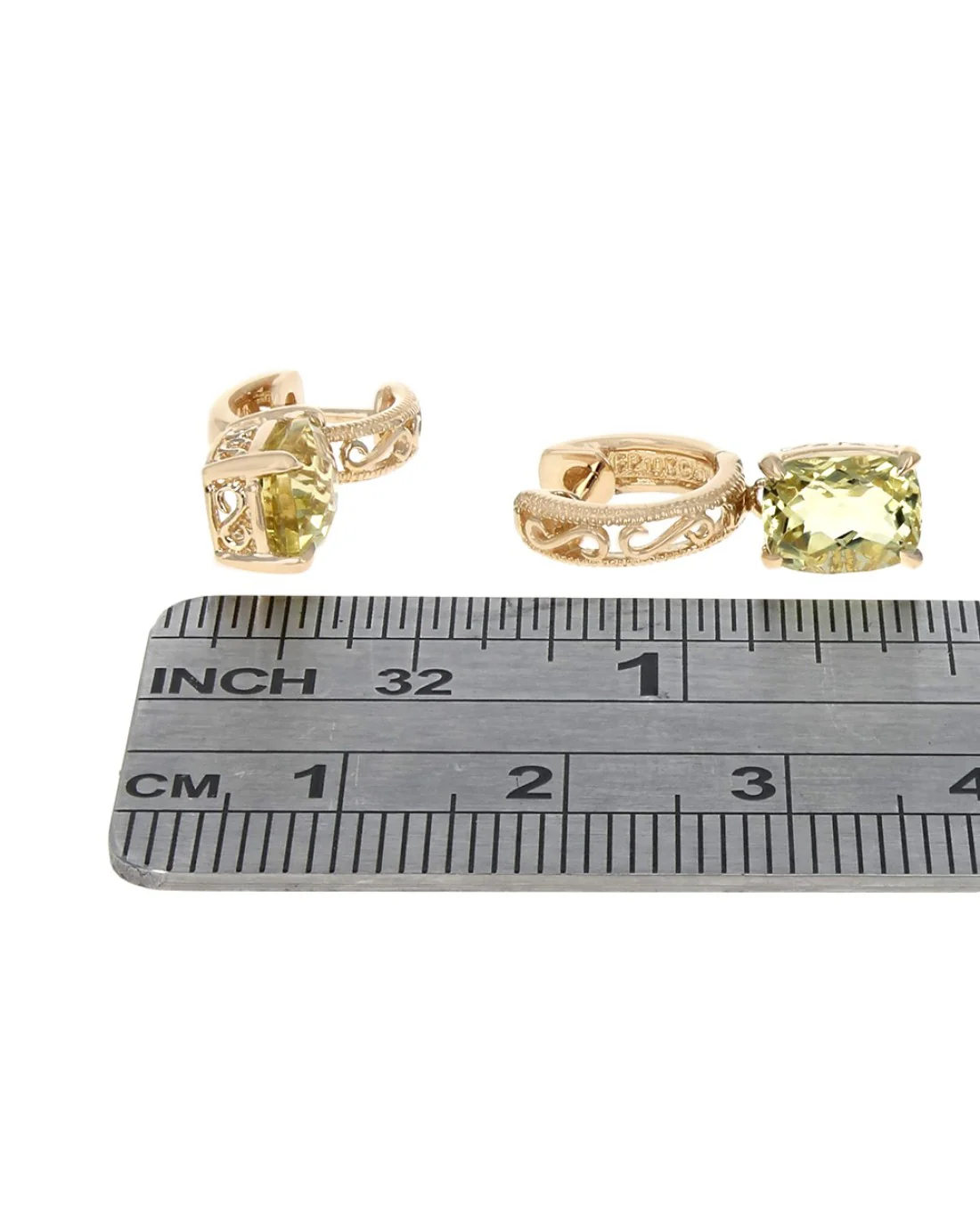 Lemon Quartz Scroll and Milgrain Accent Dangle Earrings in Yellow Gold - Image 3