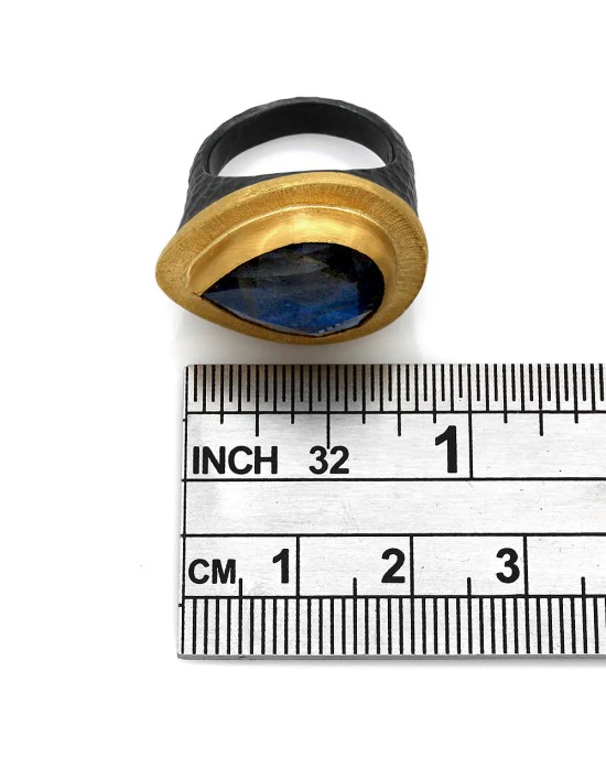 Lika Behar Pear Shape Labradorite Pompei Ring in 24k Gold and Oxidized Silver - Image 3