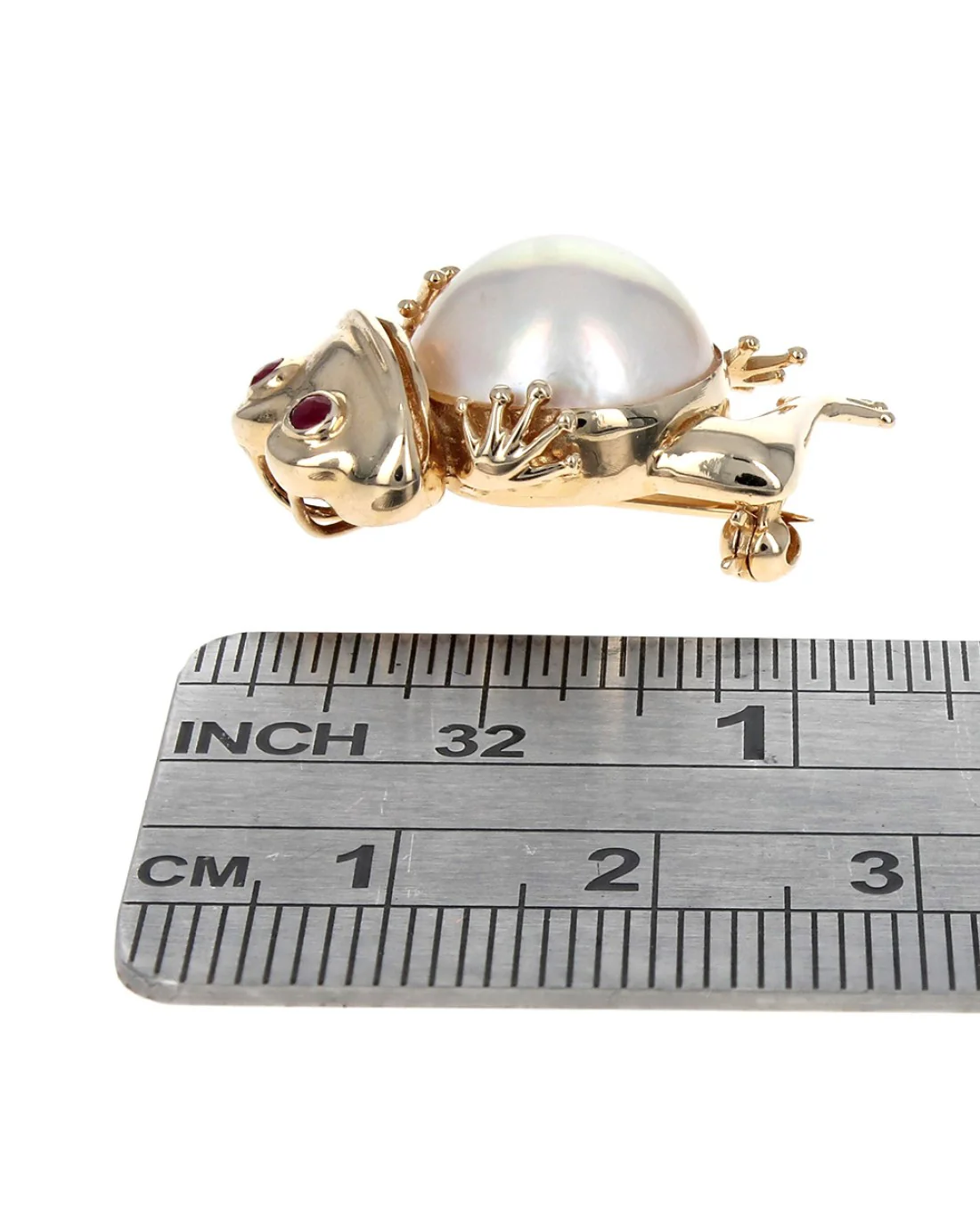 Mabe Pearl Frog Pin Pendant with Ruby Eyes - Image 3
