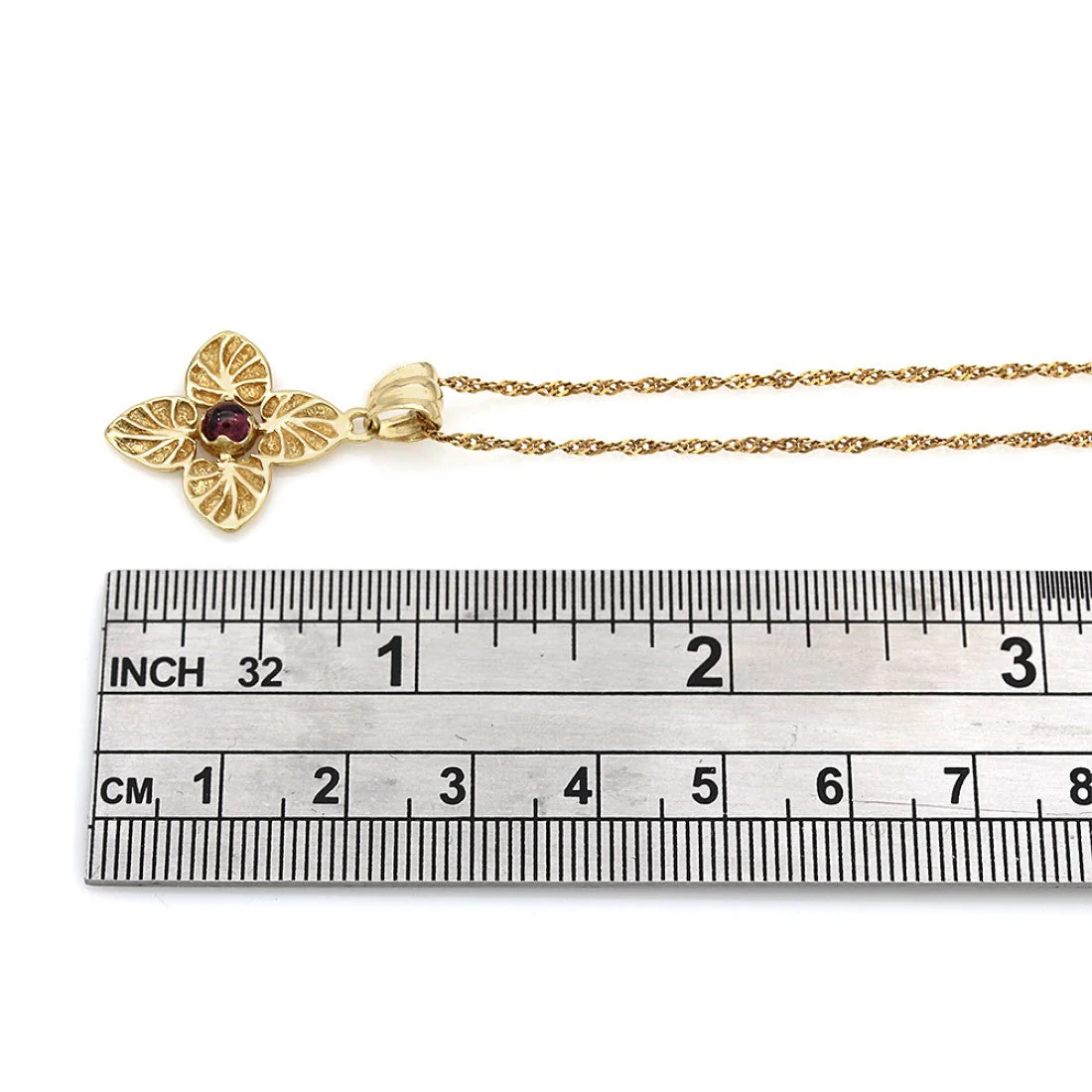 18K Yellow Gold Malaya Garnet Leaf Drop on Twisted Curb Chain Necklace - Image 3
