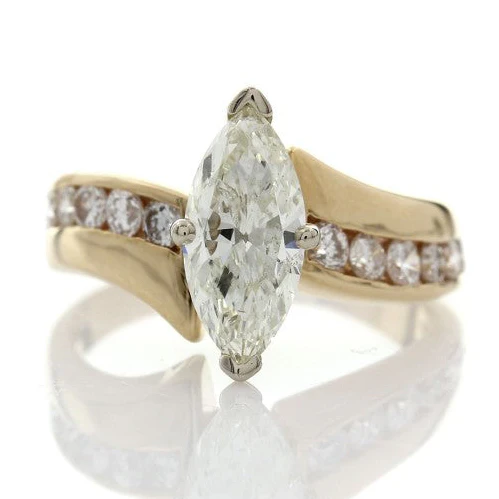 14K Yellow Gold Marquise and Round Diamond Engagement Ring - Image 2
