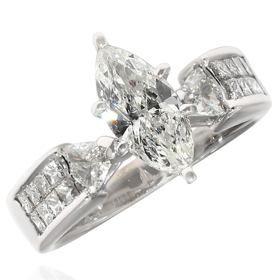 14K White Gold Marquise-Cut Diamond Engagement Ring with Trilliant and Princess Accents