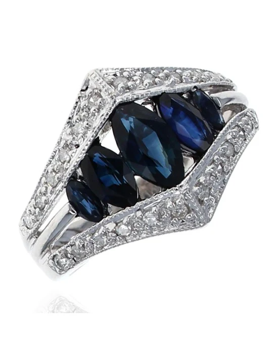 Marquise Sapphire and Round Diamond Chevron Ring