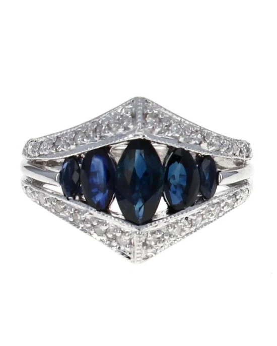 Marquise Sapphire and Round Diamond Chevron Ring - Image 2