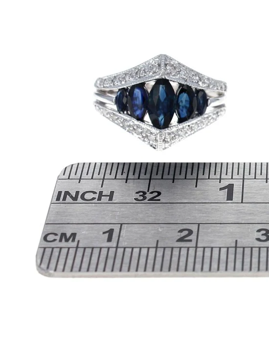 Marquise Sapphire and Round Diamond Chevron Ring - Image 3