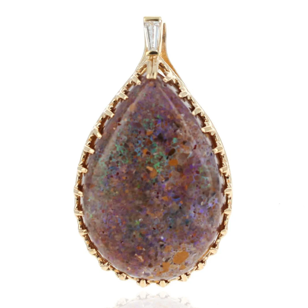 18K Yellow Gold Matrix Opal and Diamond Accent Pear Shaped Pendant